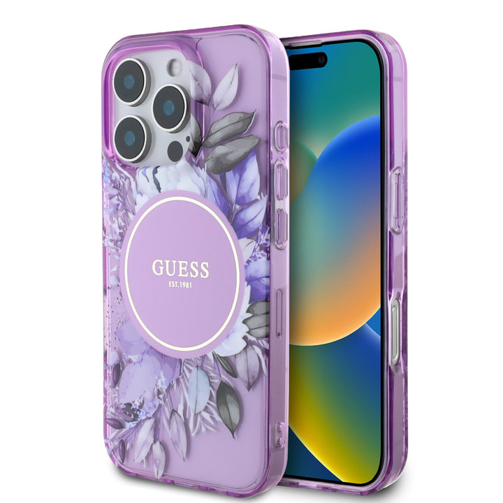 Guess iPhone 16 Pro Max Backcover hoesje - Magsafe IML - Flower Design & Tonal Circle Logo - Paars-Hoesjes-Ilumina Benelux