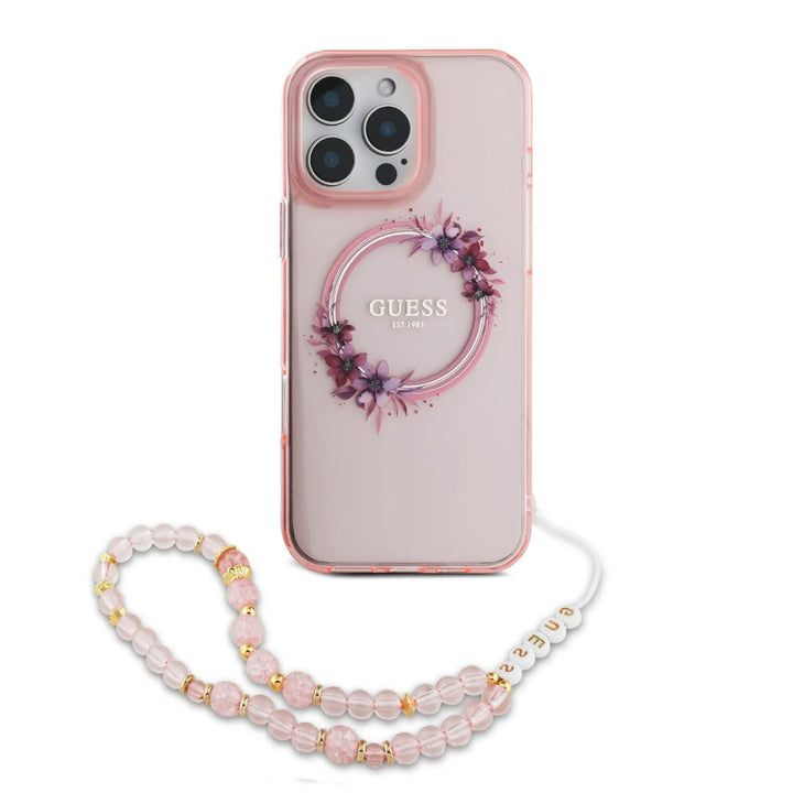 Guess iPhone 16 Pro Max Backcover hoesje - Magsafe IML - Flower Wreath Design & Pearl Strap - Roze-Hoesjes-Ilumina Benelux