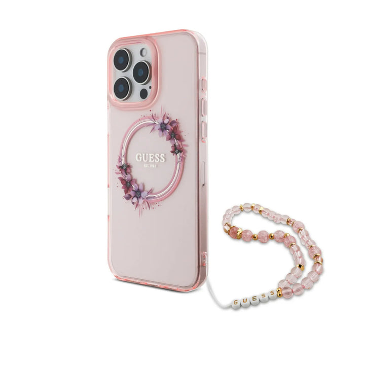 Guess iPhone 16 Pro Max Backcover hoesje - Magsafe IML - Flower Wreath Design & Pearl Strap - Roze-Hoesjes-Ilumina Benelux