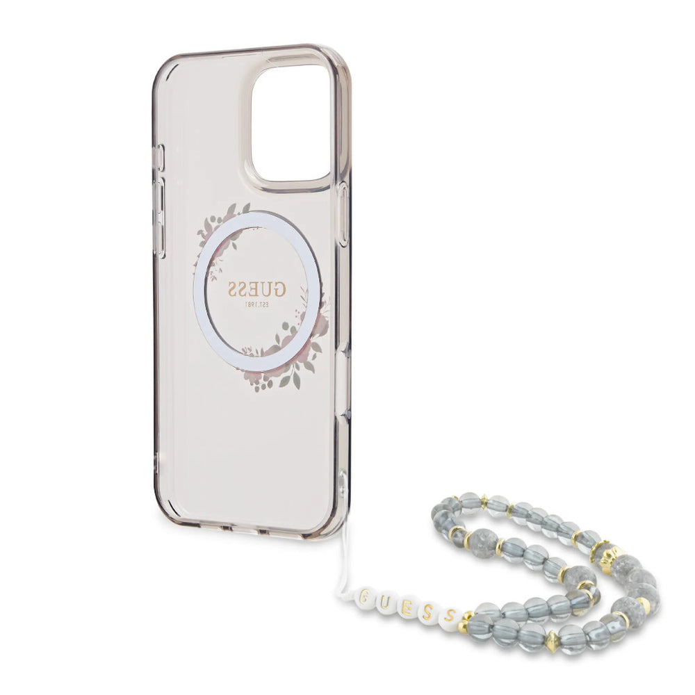 Guess iPhone 16 Pro Max Backcover hoesje - Magsafe IML - Flower Wreath Design & Pearl Strap - Zwart-Hoesjes-Ilumina Benelux