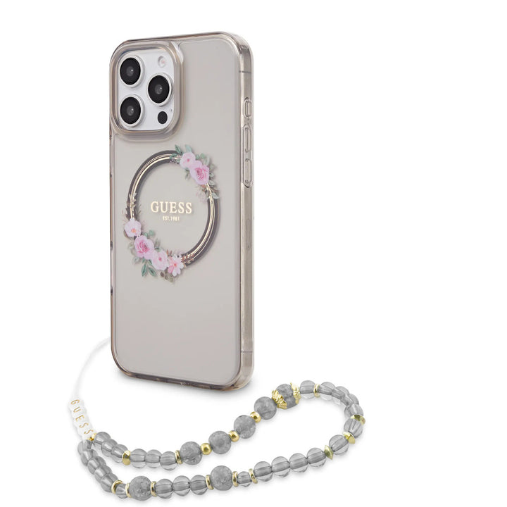 Guess iPhone 16 Pro Max Backcover hoesje - Magsafe IML - Flower Wreath Design & Pearl Strap - Zwart-Hoesjes-Ilumina Benelux