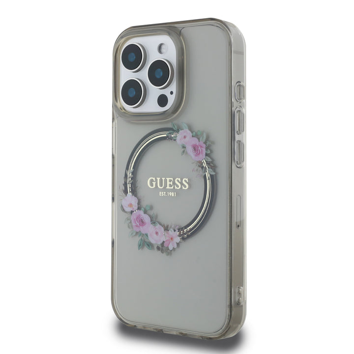 Guess iPhone 16 Pro Max Backcover hoesje Magsafe IML Flowers - Zwart-Hoesjes-Ilumina Benelux