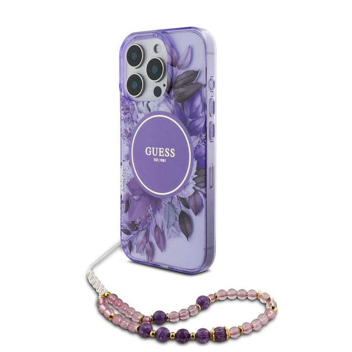 Guess iPhone 16 Pro Max Backcover hoesje Magsafe IML Flowers with pearl strap - Paars-Hoesjes-Ilumina Benelux