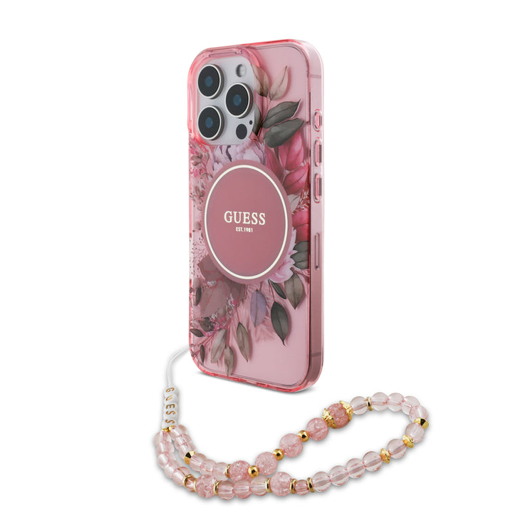 Guess iPhone 16 Pro Max Backcover hoesje Magsafe IML Flowers with pearl strap - Roze-Hoesjes-Ilumina Benelux