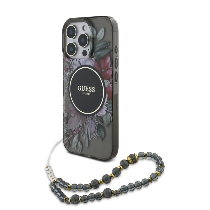 Guess iPhone 16 Pro Max Backcover hoesje Magsafe IML Flowers with pearl strap - Zwart-Hoesjes-Ilumina Benelux