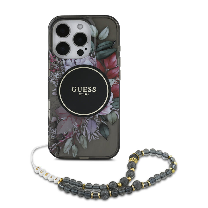 Guess iPhone 16 Pro Max Backcover hoesje Magsafe IML Flowers with pearl strap - Zwart-Hoesjes-Ilumina Benelux
