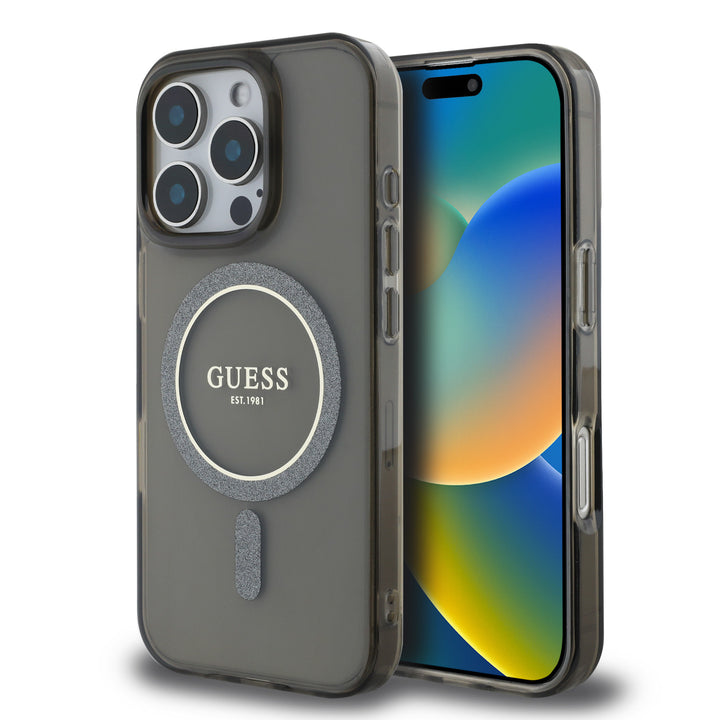 Guess iPhone 16 Pro Max Backcover hoesje Magsafe IML Glitter - Zwart-Hoesjes-Ilumina Benelux