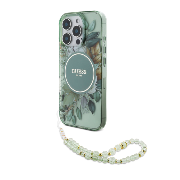 Guess iPhone 16 Pro Max Backcover hoesje Magsafe IML Glitter with pearls strap - Groen-Hoesjes-Ilumina Benelux