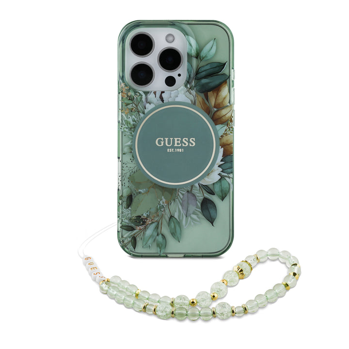 Guess iPhone 16 Pro Max Backcover hoesje Magsafe IML Glitter with pearls strap - Groen-Hoesjes-Ilumina Benelux