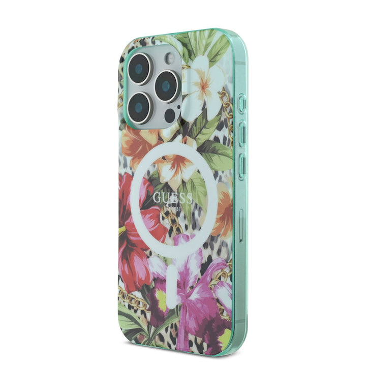 Guess iPhone 16 Pro Max Backcover hoesje - Magsafe IML - Jungle Design - Oranje-Hoesjes-Ilumina Benelux