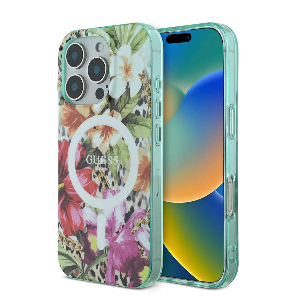 Guess iPhone 16 Pro Max Backcover hoesje - Magsafe IML - Jungle Design - Oranje-Hoesjes-Ilumina Benelux