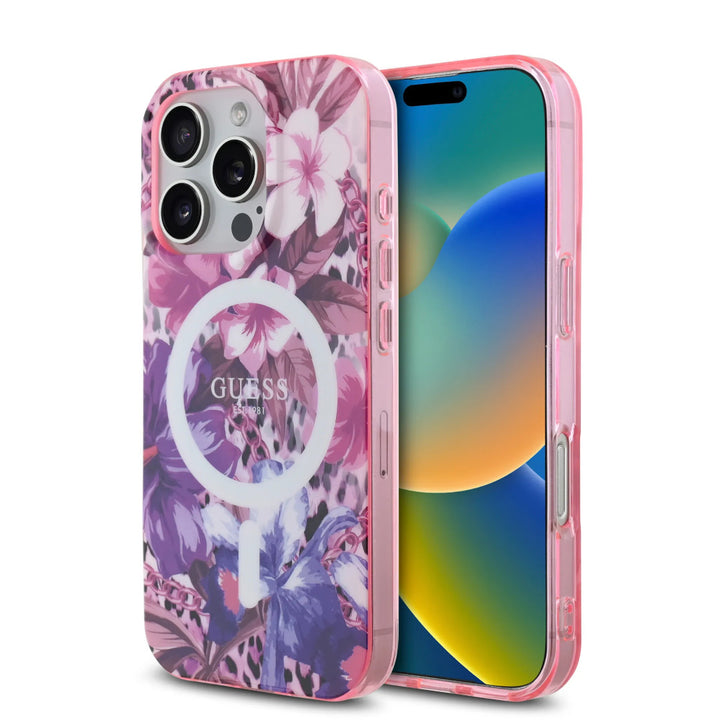Guess iPhone 16 Pro Max Backcover hoesje - Magsafe IML - Jungle Design - Paars-Hoesjes-Ilumina Benelux