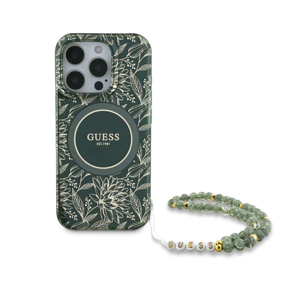 Guess iPhone 16 Pro Max Backcover hoesje - Magsafe IML - Pearl Strap & Electroplated Flower Design - Groen-Hoesjes-Ilumina Benelux