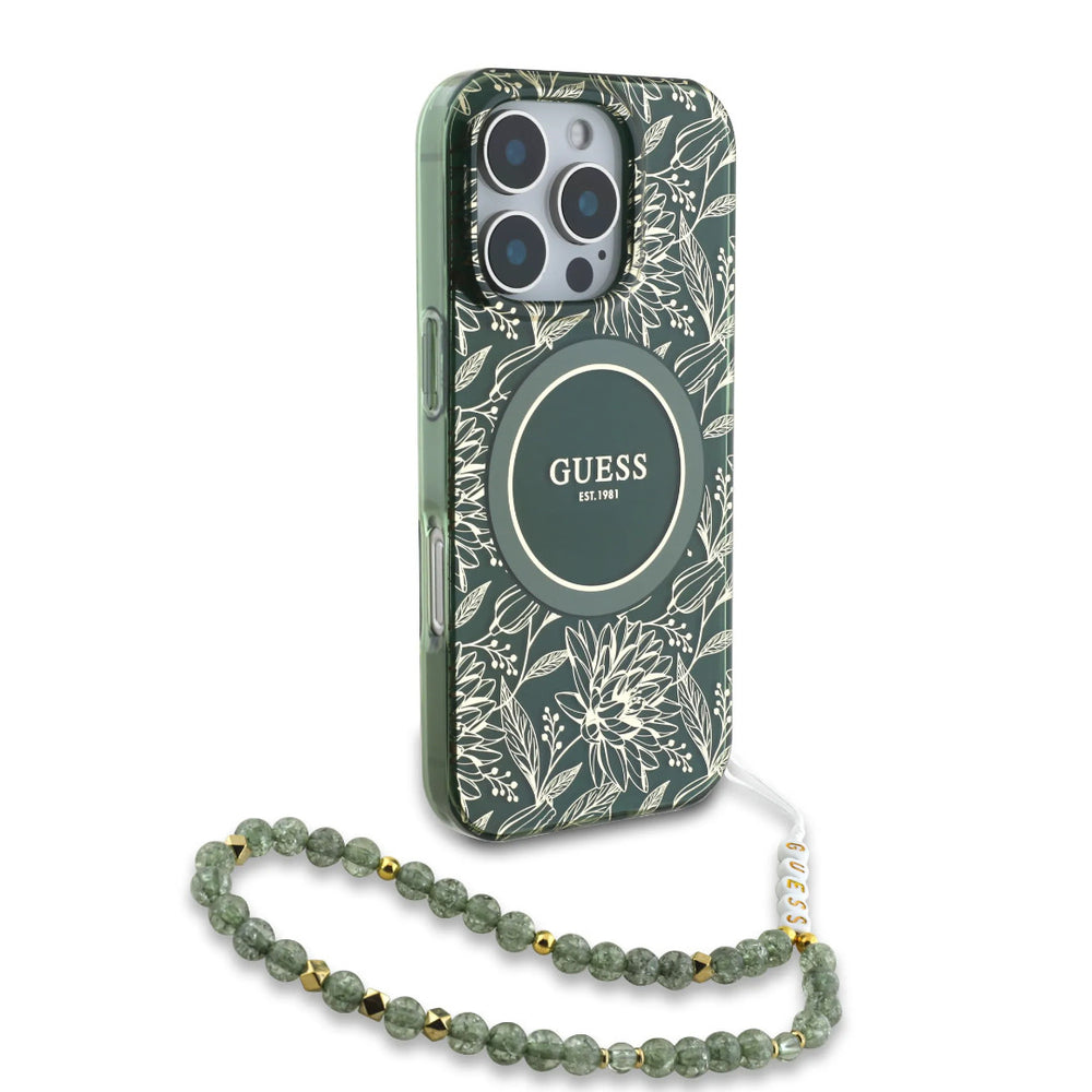 Guess iPhone 16 Pro Max Backcover hoesje - Magsafe IML - Pearl Strap & Electroplated Flower Design - Groen-Hoesjes-Ilumina Benelux
