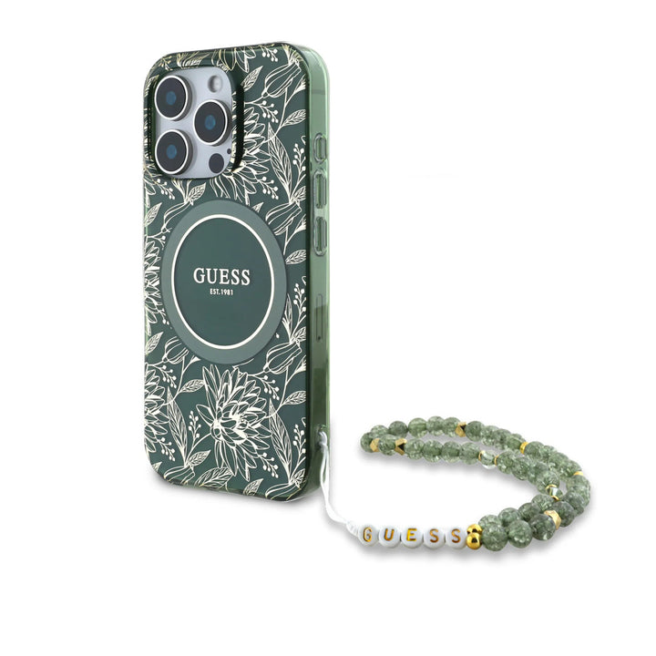 Guess iPhone 16 Pro Max Backcover hoesje - Magsafe IML - Pearl Strap & Electroplated Flower Design - Groen-Hoesjes-Ilumina Benelux
