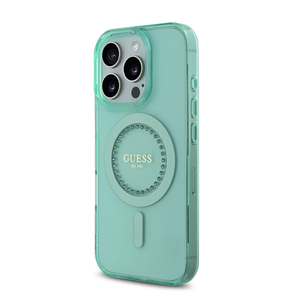 Guess iPhone 16 Pro Max Backcover hoesje - Magsafe IML - Rhinestones - Groen-Hoesjes-Ilumina Benelux