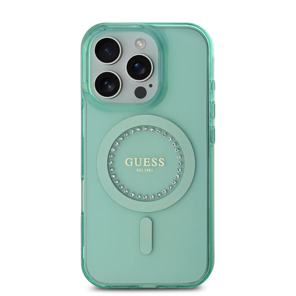 Guess iPhone 16 Pro Max Backcover hoesje - Magsafe IML - Rhinestones - Groen-Hoesjes-Ilumina Benelux
