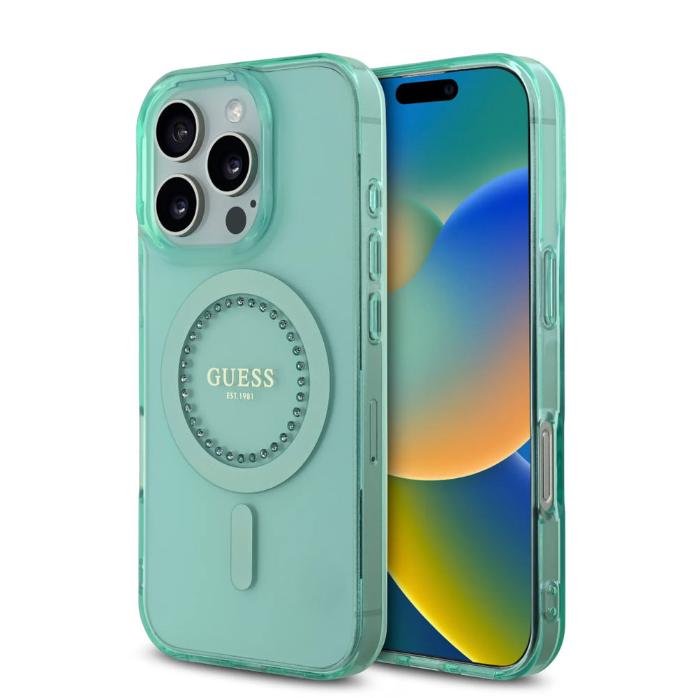 Guess iPhone 16 Pro Max Backcover hoesje - Magsafe IML - Rhinestones - Groen-Hoesjes-Ilumina Benelux
