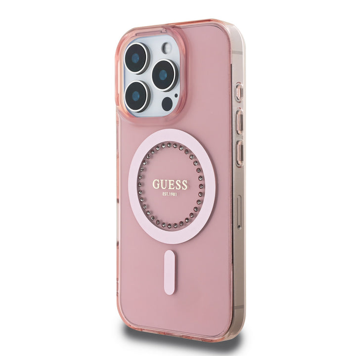 Guess iPhone 16 Pro Max Backcover hoesje - Magsafe IML - Rhinestones - Roze-Hoesjes-Ilumina Benelux