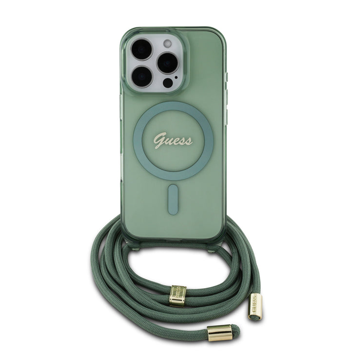 Guess iPhone 16 Pro Max Backcover hoesje Magsafe IML crossbody cord script - Groen-Hoesjes-Ilumina Benelux