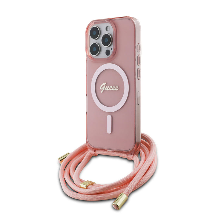 Guess iPhone 16 Pro Max Backcover hoesje Magsafe IML crossbody cord script - Roze-Hoesjes-Ilumina Benelux