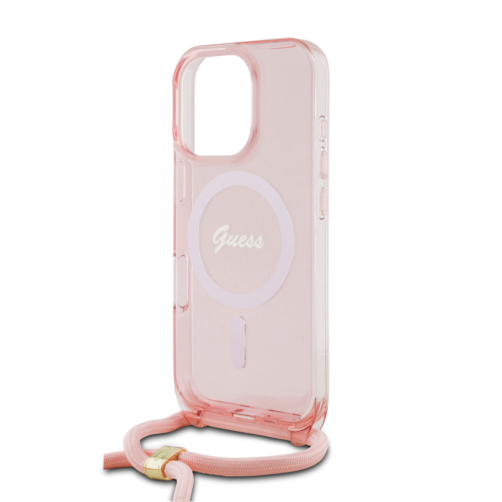 Guess iPhone 16 Pro Max Backcover hoesje Magsafe IML crossbody cord script - Roze-Hoesjes-Ilumina Benelux
