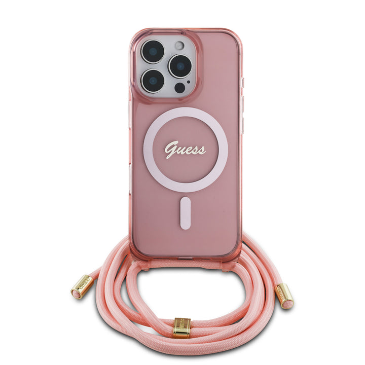 Guess iPhone 16 Pro Max Backcover hoesje Magsafe IML crossbody cord script - Roze-Hoesjes-Ilumina Benelux