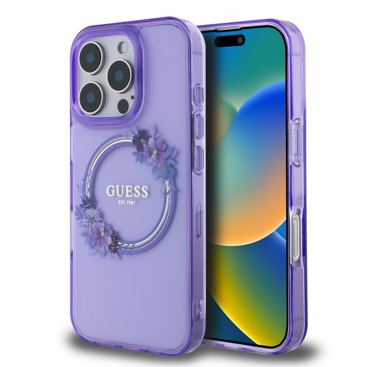 Guess iPhone 16 Pro Max Backcover hoesje Magsafe IML flowers wreath - Paars-Hoesjes-Ilumina Benelux