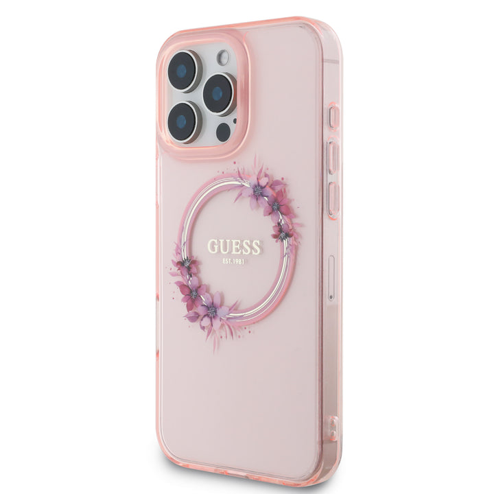 Guess iPhone 16 Pro Max Backcover hoesje Magsafe IML flowers wreath - Roze-Hoesjes-Ilumina Benelux