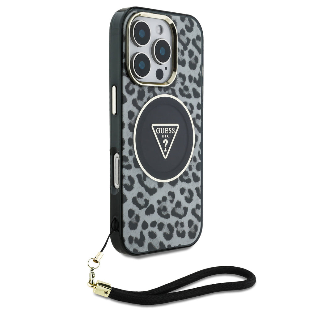 Guess iPhone 16 Pro Max Backcover hoesje - Magsafe - Leopard print with Nylon strap - Zwart-Hoesjes-Ilumina Benelux