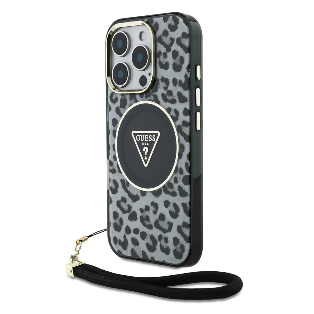 Guess iPhone 16 Pro Max Backcover hoesje - Magsafe - Leopard print with Nylon strap - Zwart-Hoesjes-Ilumina Benelux
