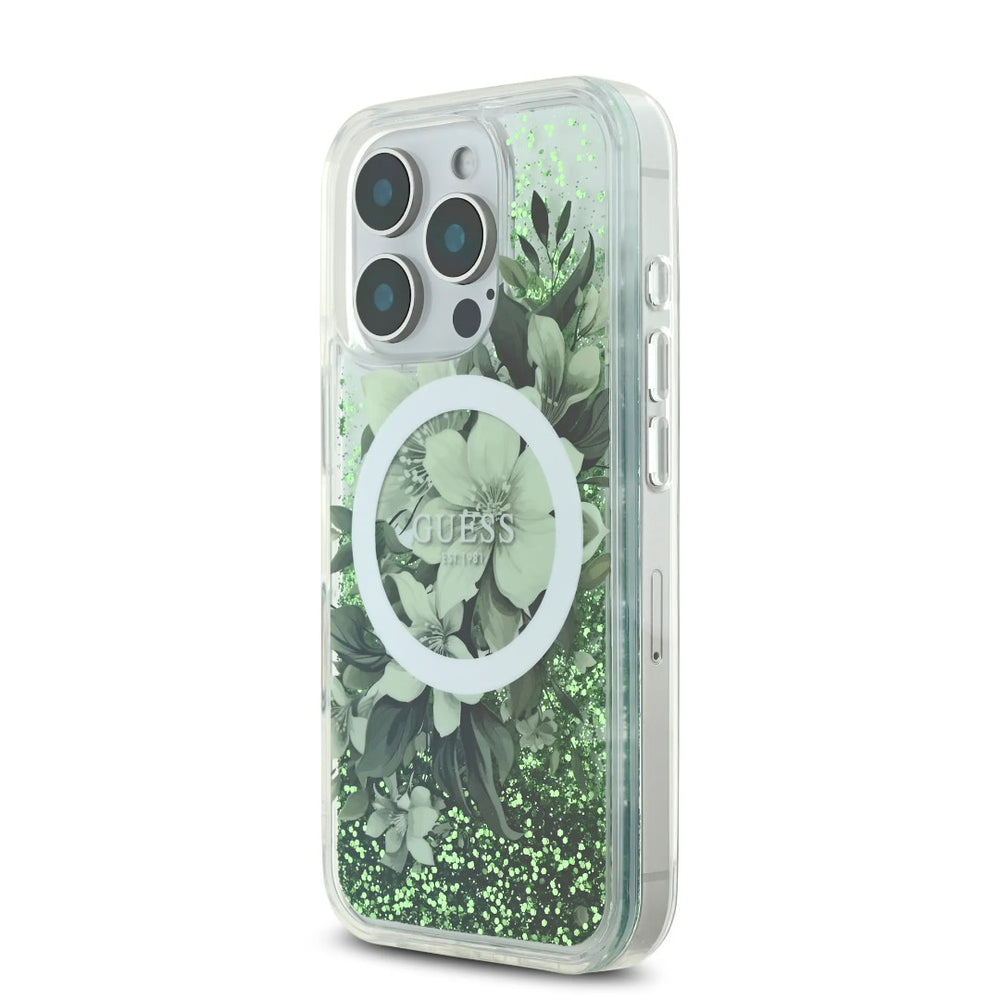 Guess iPhone 16 Pro Max Backcover hoesje - Magsafe - Liquid Glitter Flower Design - Groen-Hoesjes-Ilumina Benelux