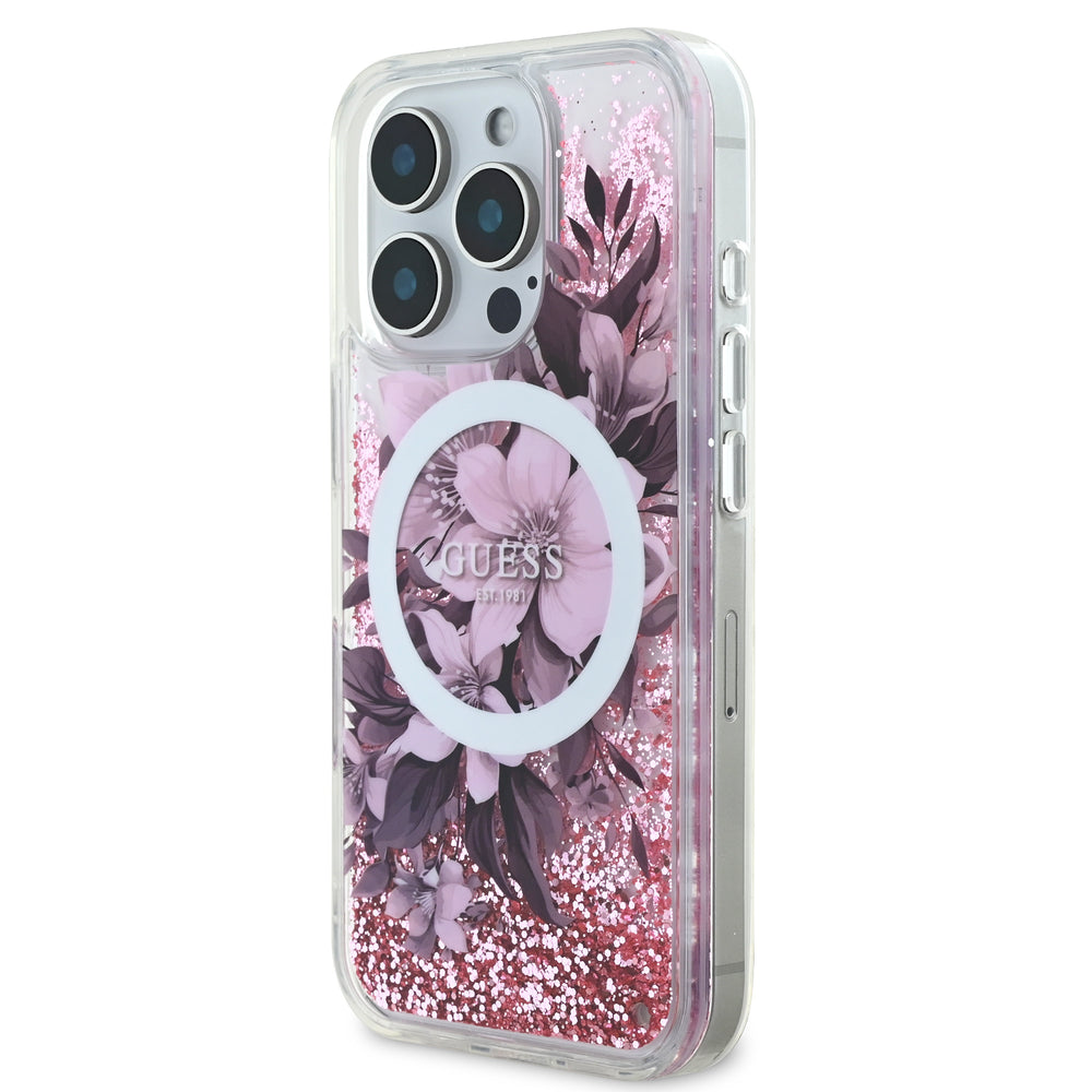 Guess iPhone 16 Pro Max Backcover hoesje Magsafe Liquid Glitter - Roze-Hoesjes-Ilumina Benelux