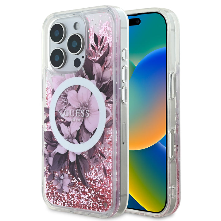 Guess iPhone 16 Pro Max Backcover hoesje Magsafe Liquid Glitter - Roze-Hoesjes-Ilumina Benelux