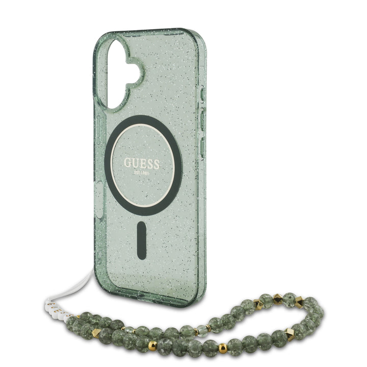 Guess iPhone 16 Pro Max Backcover hoesje Magsafe ML Glitter with pearl strap - Groen-Hoesjes-Ilumina Benelux