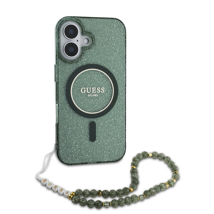 Guess iPhone 16 Pro Max Backcover hoesje Magsafe ML Glitter with pearl strap - Groen-Hoesjes-Ilumina Benelux
