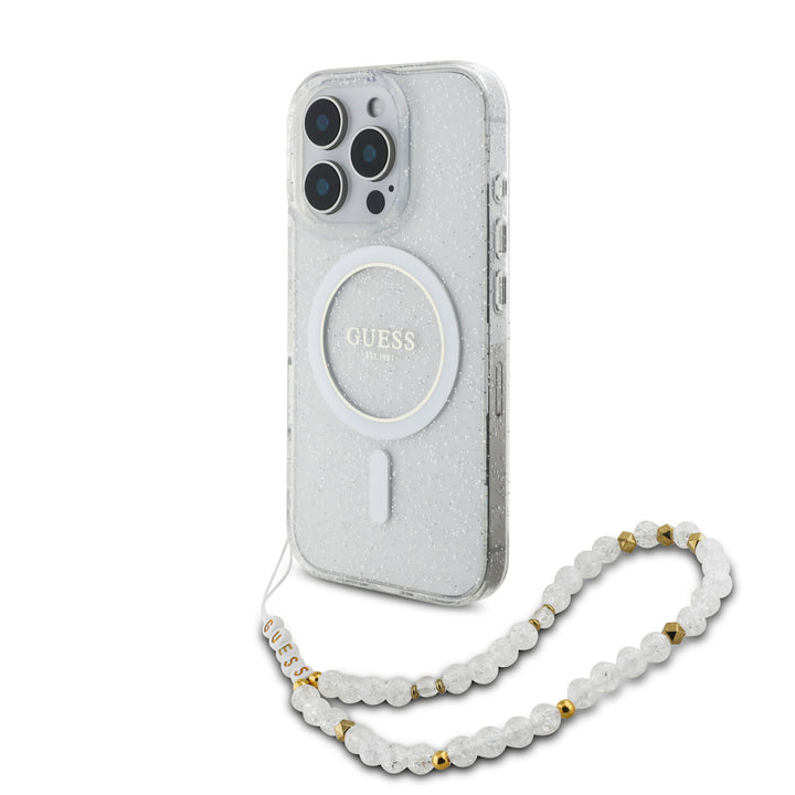 Guess iPhone 16 Pro Max Backcover hoesje Magsafe ML Glitter with pearl strap - Transparant-Hoesjes-Ilumina Benelux