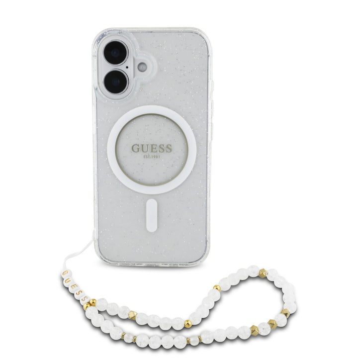 Guess iPhone 16 Pro Max Backcover hoesje Magsafe ML Glitter with pearl strap - Transparant-Hoesjes-Ilumina Benelux