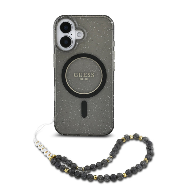 Guess iPhone 16 Pro Max Backcover hoesje Magsafe ML Glitter with pearl strap - Zwart-Hoesjes-Ilumina Benelux