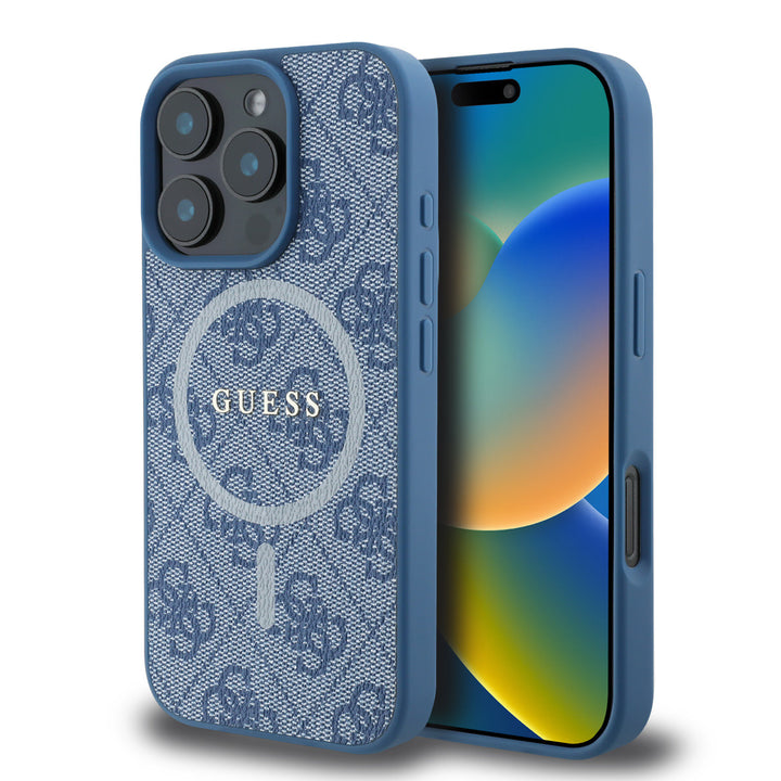 Guess iPhone 16 Pro Max Backcover hoesje - Magsafe PU Leather - 4G Classic Logo - Blauw-Hoesjes-Ilumina Benelux