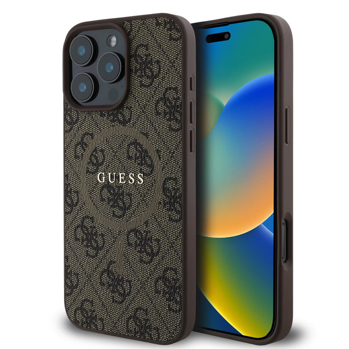 Guess iPhone 16 Pro Max Backcover hoesje - Magsafe PU Leather - 4G Classic Logo - Bruin-Hoesjes-Ilumina Benelux