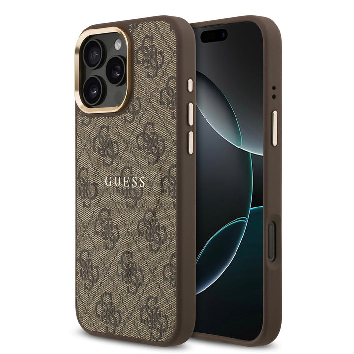 Guess iPhone 16 Pro Max Backcover hoesje - Magsafe PU Leather - 4G Classic Logo - Gold Edge - Bruin-Hoesjes-Ilumina Benelux