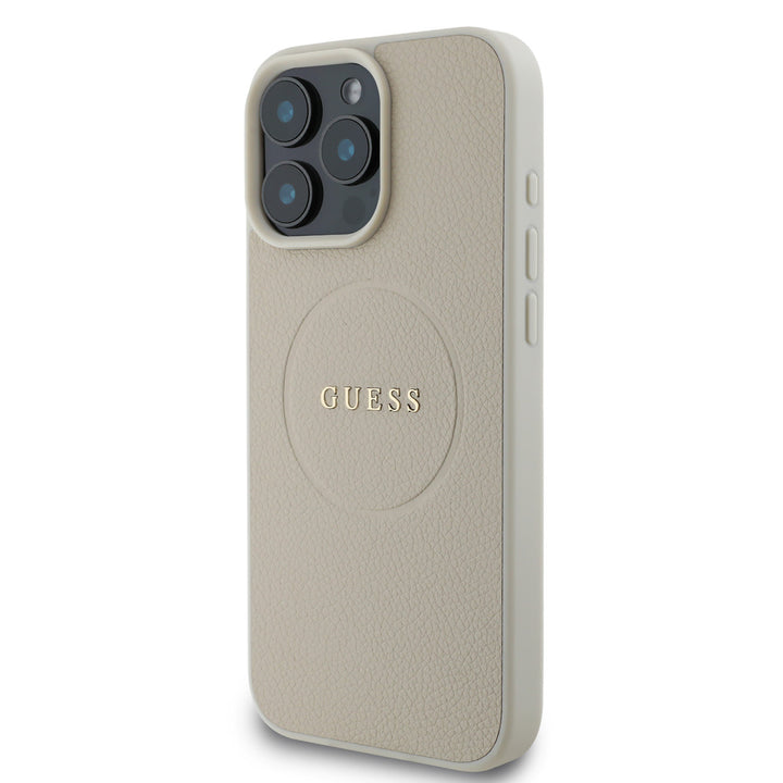 Guess iPhone 16 Pro Max Backcover hoesje - Magsafe PU Leather - Grained With Gold Ring - Beige-Hoesjes-Ilumina Benelux