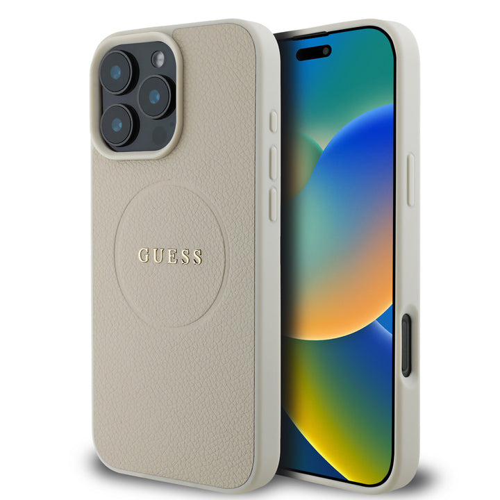 Guess iPhone 16 Pro Max Backcover hoesje - Magsafe PU Leather - Grained With Gold Ring - Beige-Hoesjes-Ilumina Benelux