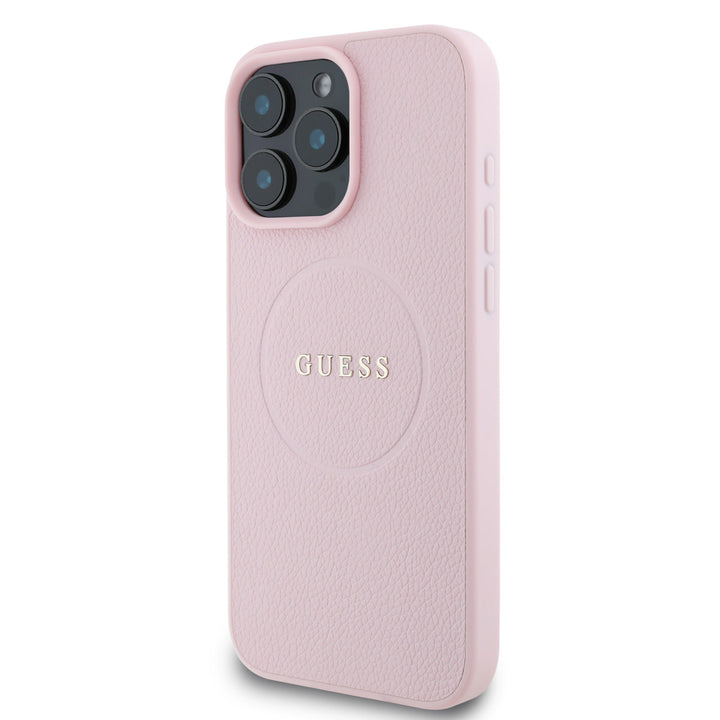 Guess iPhone 16 Pro Max Backcover hoesje - Magsafe PU Leather - Grained With Gold Ring - Roze-Hoesjes-Ilumina Benelux