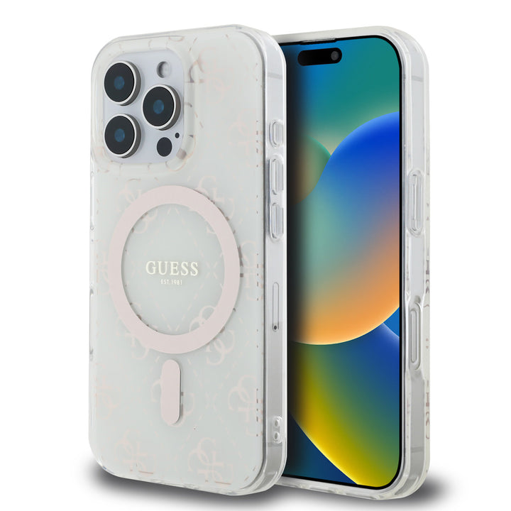 Guess iPhone 16 Pro Max Backcover hoesje - Magsafe Pink - 4G Background - Transparant-Hoesjes-Ilumina Benelux