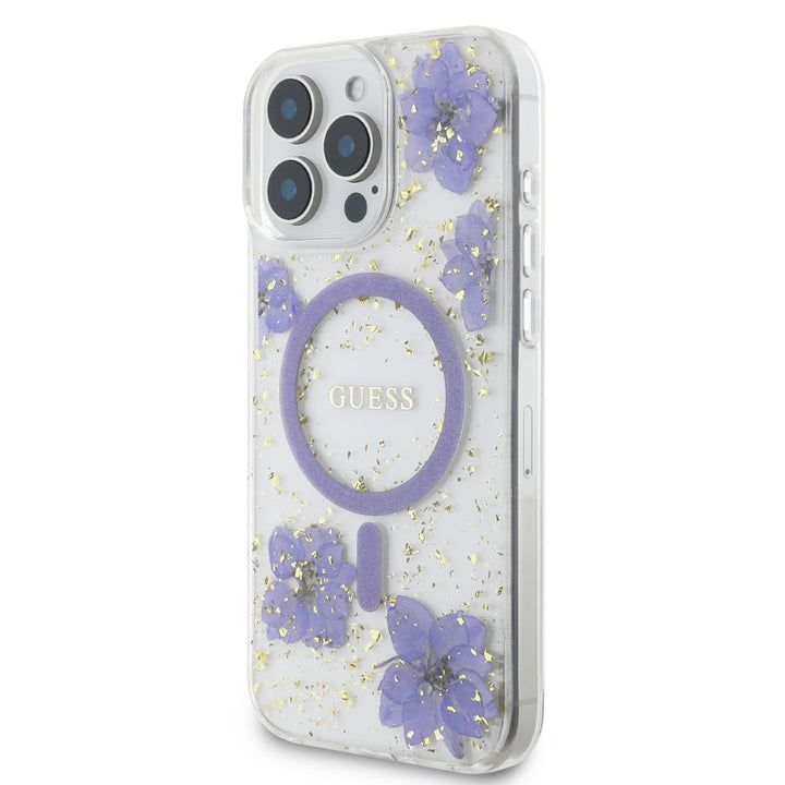 Guess iPhone 16 Pro Max Backcover hoesje - Magsafe - Resin Flowers Design - Paars-Hoesjes-Ilumina Benelux