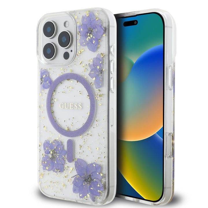 Guess iPhone 16 Pro Max Backcover hoesje - Magsafe - Resin Flowers Design - Paars-Hoesjes-Ilumina Benelux