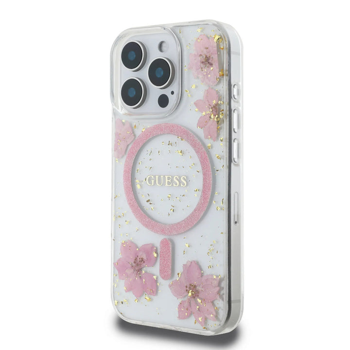 Guess iPhone 16 Pro Max Backcover hoesje - Magsafe - Resin Flowers Design - Roze-Hoesjes-Ilumina Benelux