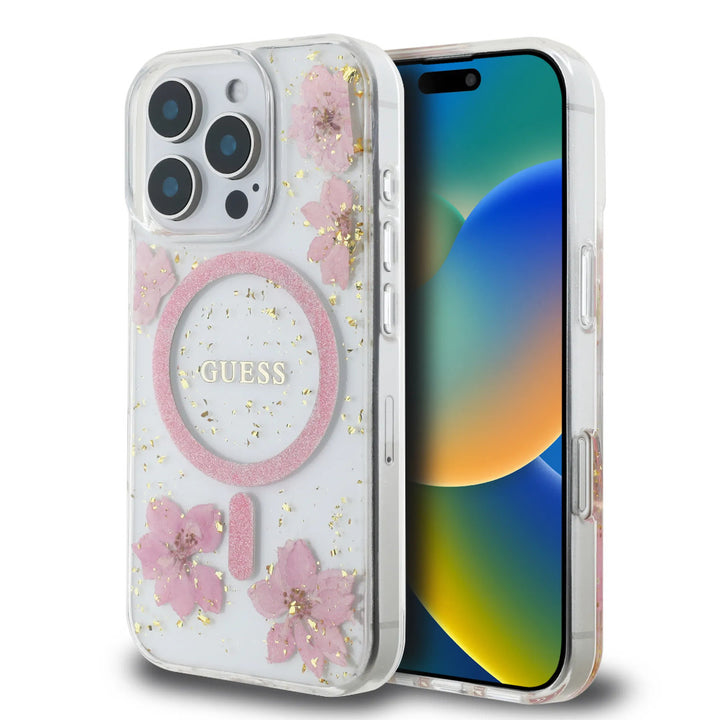 Guess iPhone 16 Pro Max Backcover hoesje - Magsafe - Resin Flowers Design - Roze-Hoesjes-Ilumina Benelux